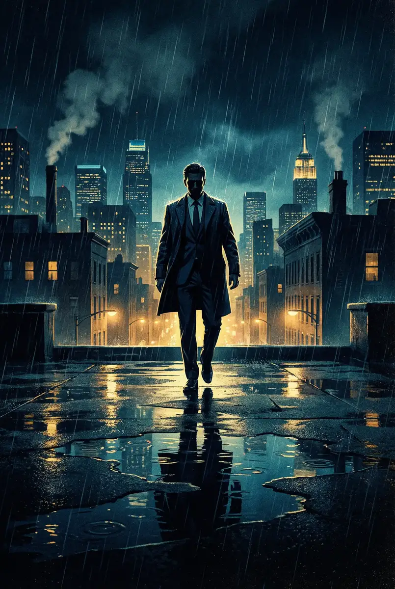 法网追击 出品影片《雨夜独行者》海报，雨中城市屋顶男性剪影